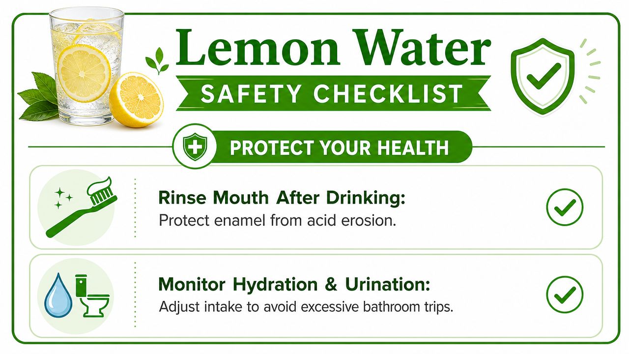 A safety checklist infographic for drinking lemon water, highlighting tips to protect tooth enamel and monitor hydration.