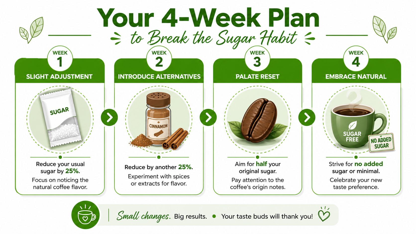 An infographic showing a 4-week step-by-step plan to gradually reduce sugar intake in daily coffee.