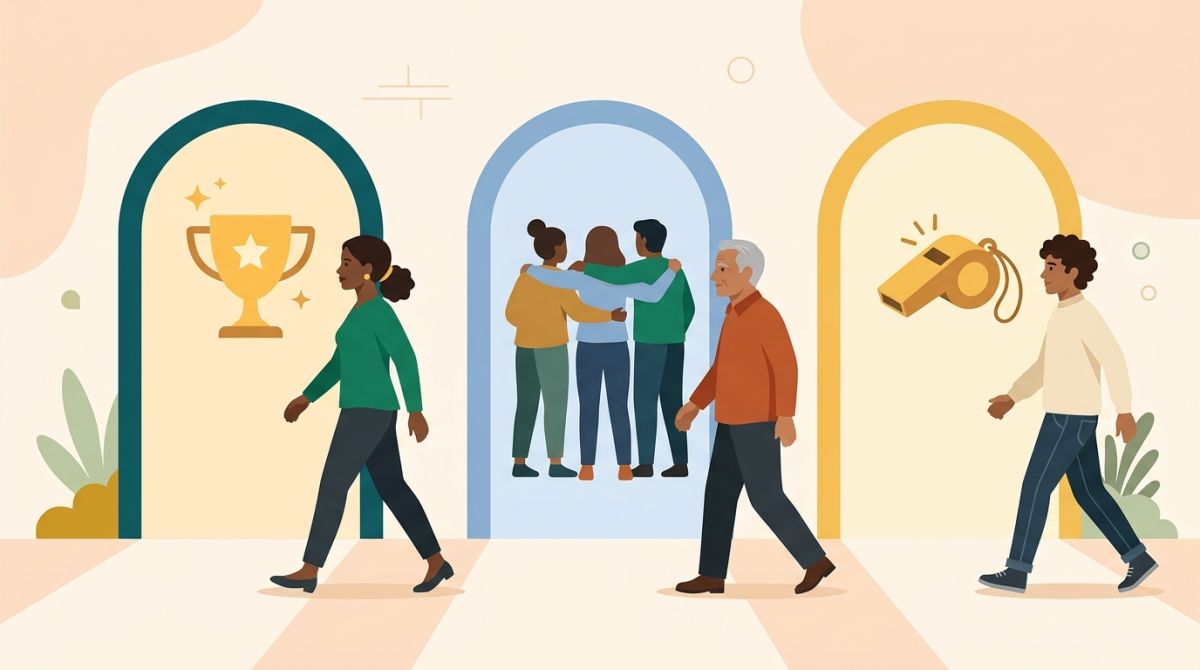 Three people choosing between competition, collaboration, and coaching paths