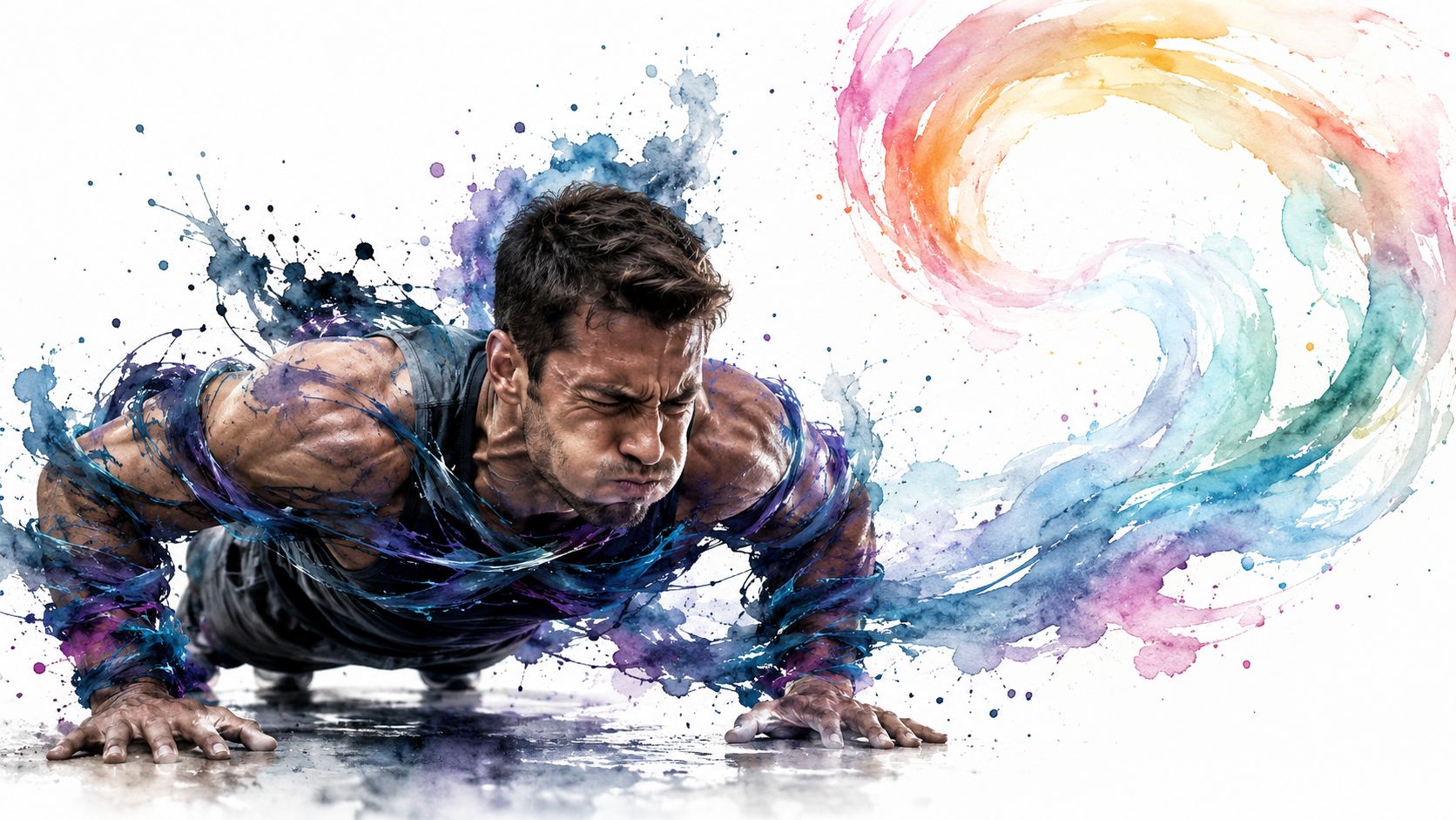 A muscular man performing a push-up with dynamic watercolor paint splashes in blue, purple, and rainbow colors.