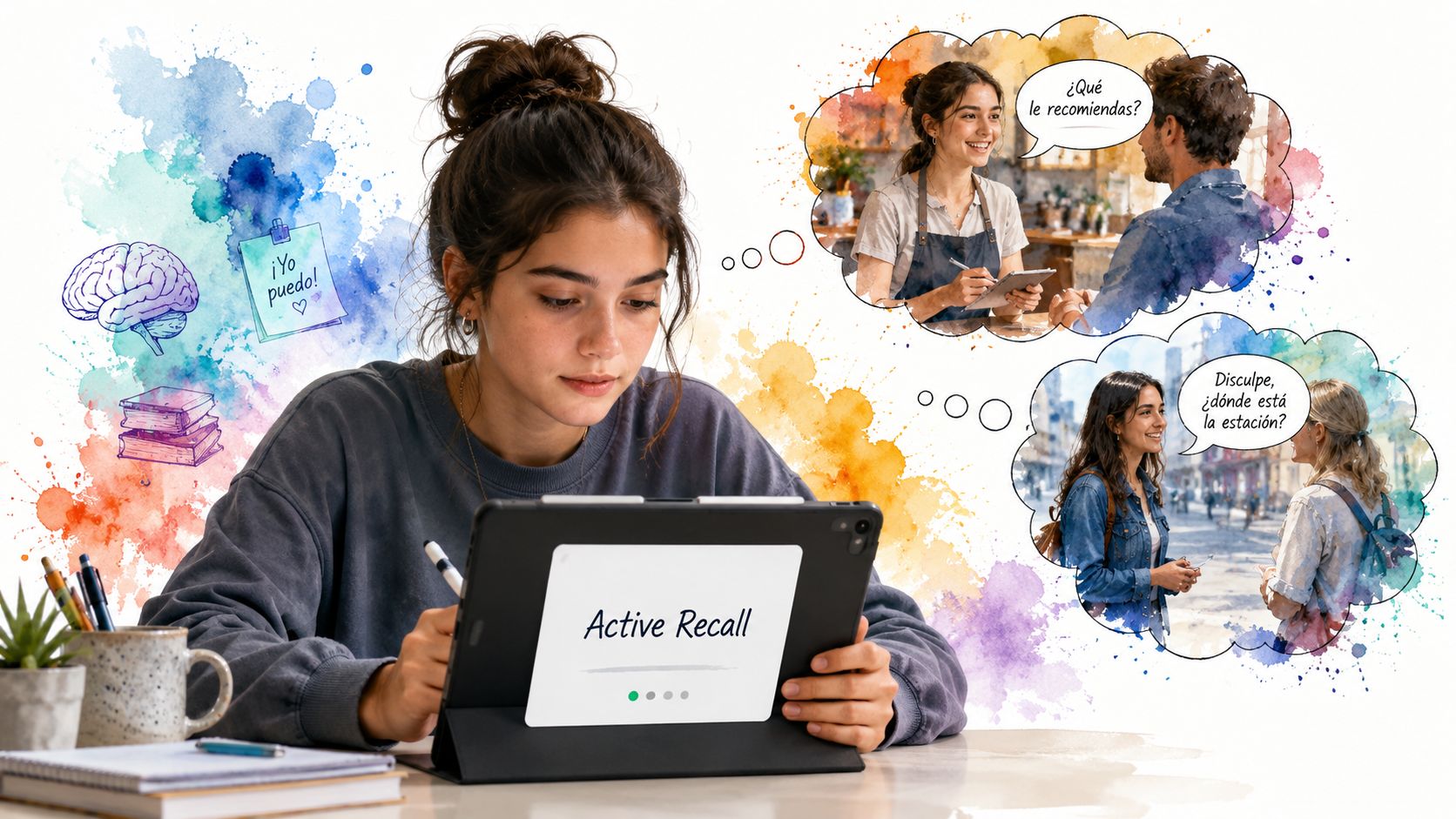 A young woman studying with a tablet, visualizing Spanish language interactions in thought bubbles.