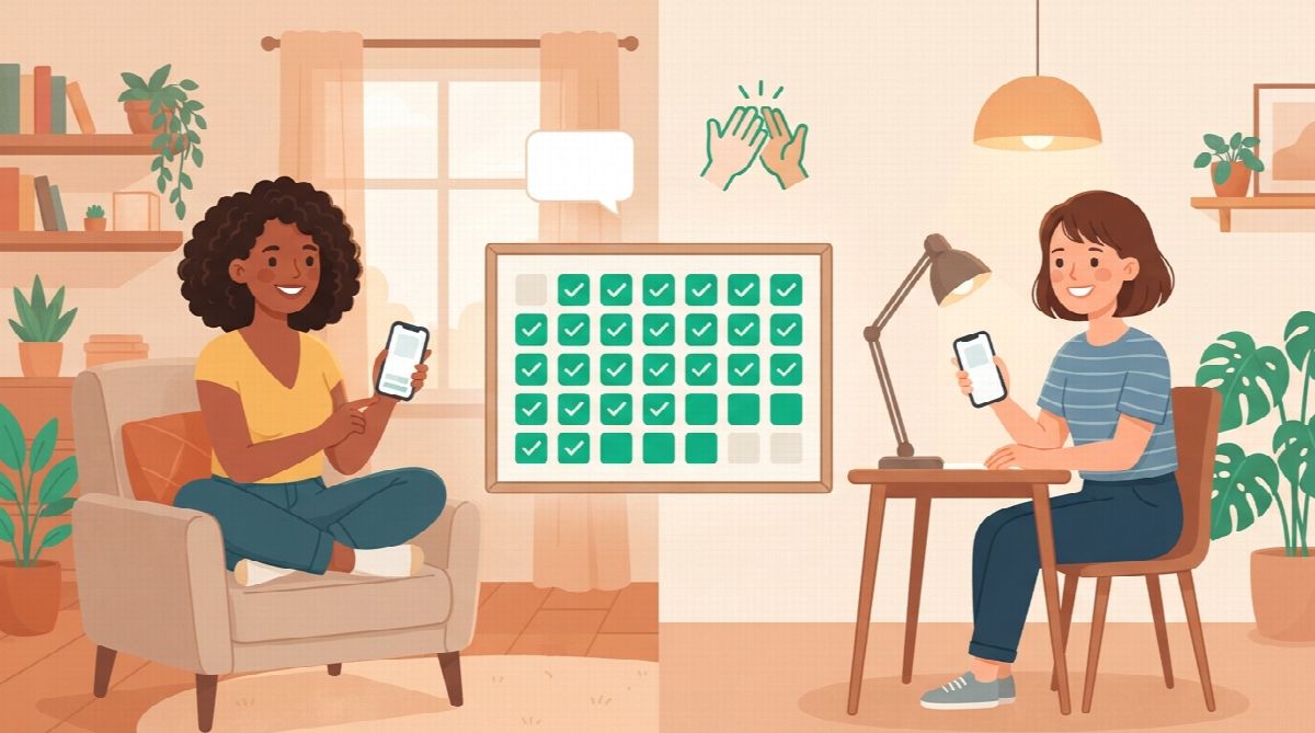 Two friends in different rooms each holding a phone, sharing one habit calendar between them with a chat bubble and a high-five