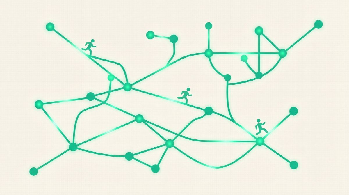 A network of connected dots where several dots are tiny running figures, with the lines between friends glowing green