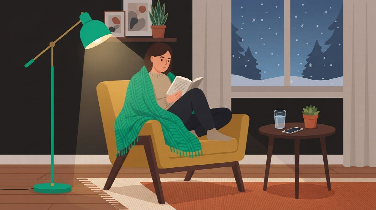 A person reading in an armchair on a winter evening with a phone face down on a far table
