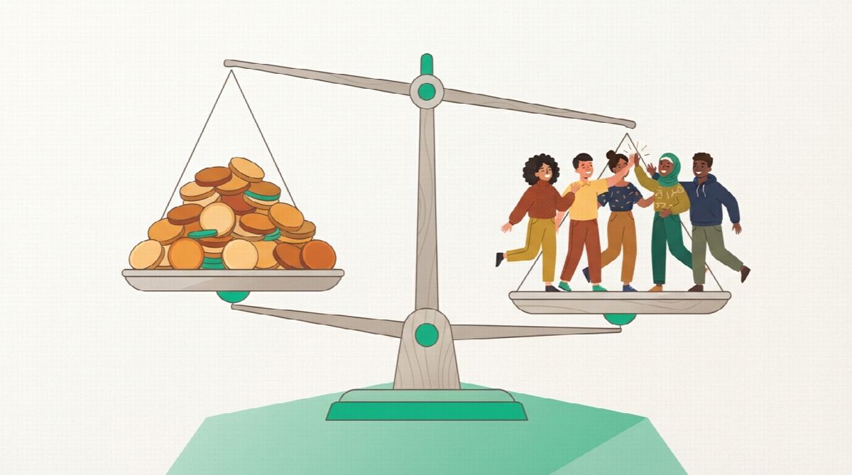 A balance scale with a pile of coins on one side and a small group of friends high-fiving on the other