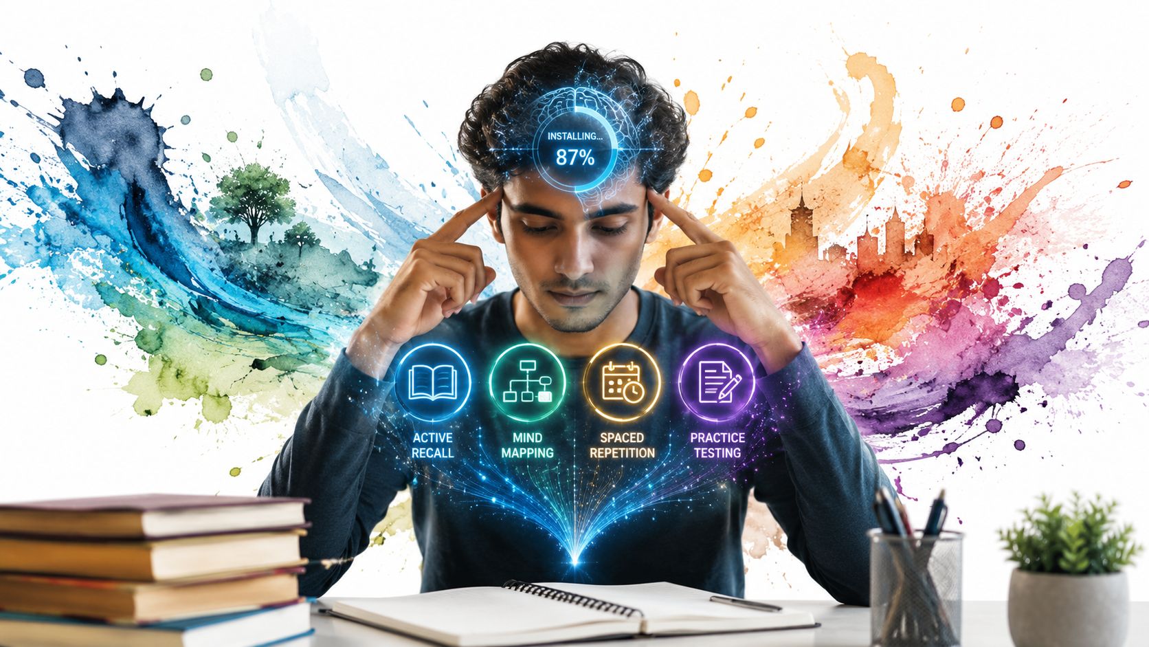 A man studying with glowing icons representing active recall, mind mapping, spaced repetition, and practice testing strategies.
