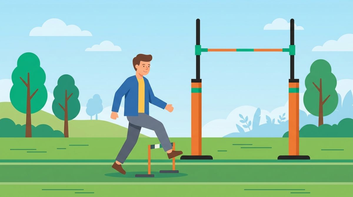 Illustration of a single small daily task being checked off on a calendar, with a low bar to step over rather than a high one to jump