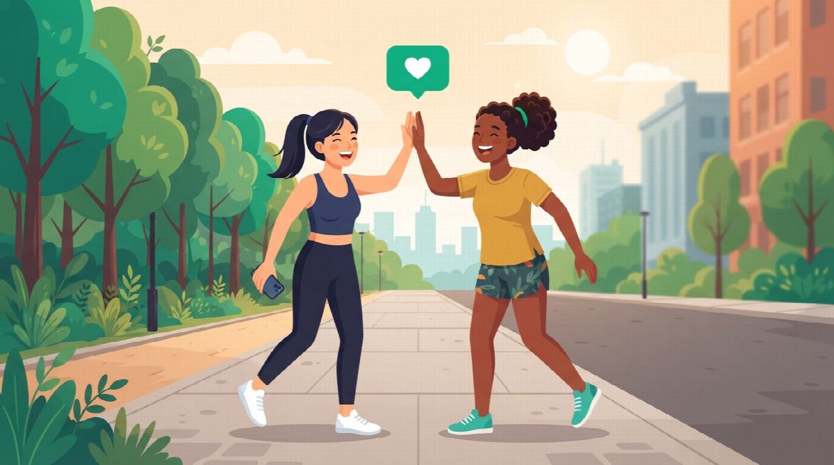 Two friends high-fiving on a sidewalk after a morning walk, a green heart speech bubble above them