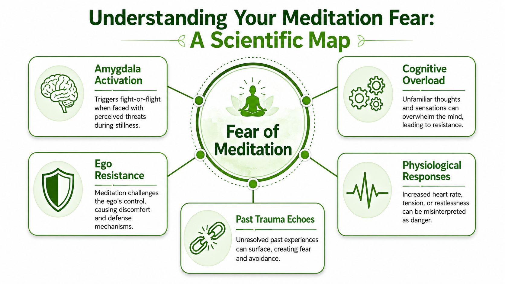 A scientific map illustrating the reasons behind fear of meditation through five key psychological and physiological factors.
