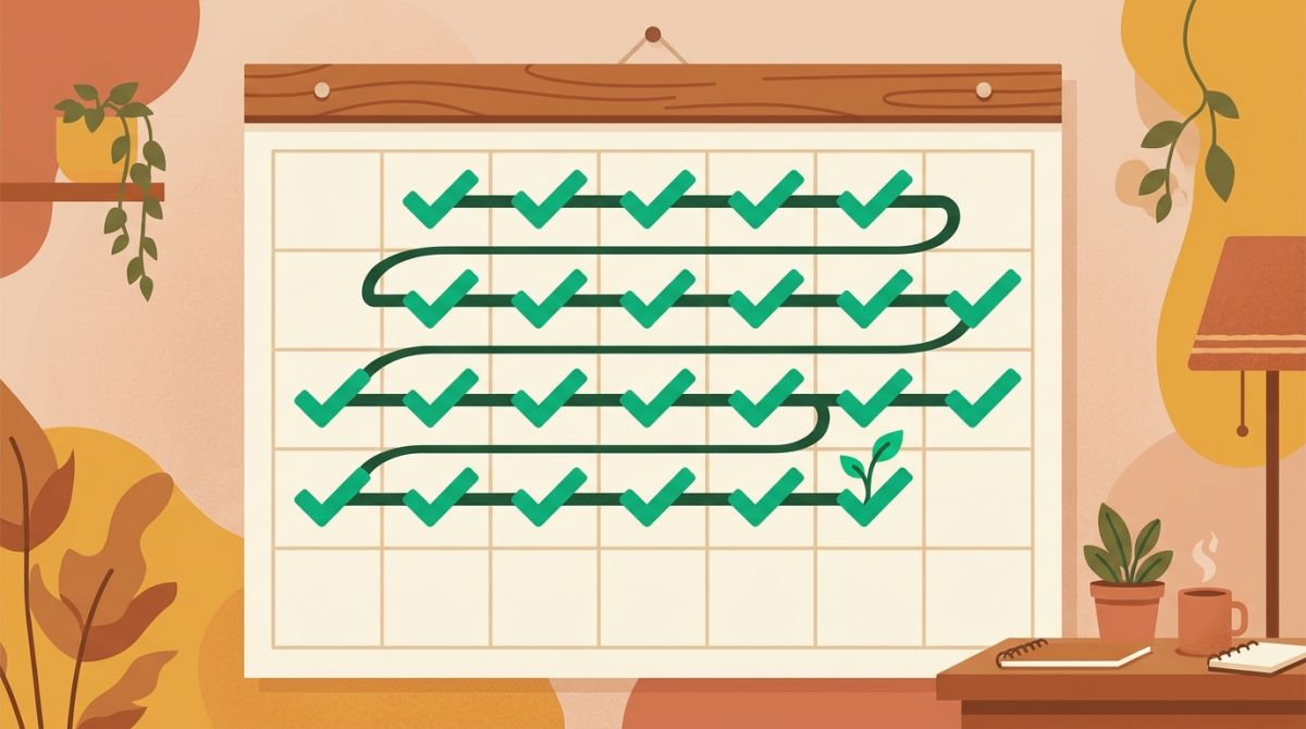 Illustration of a calendar with a growing chain of green checkmarks and a small plant sprouting beside it
