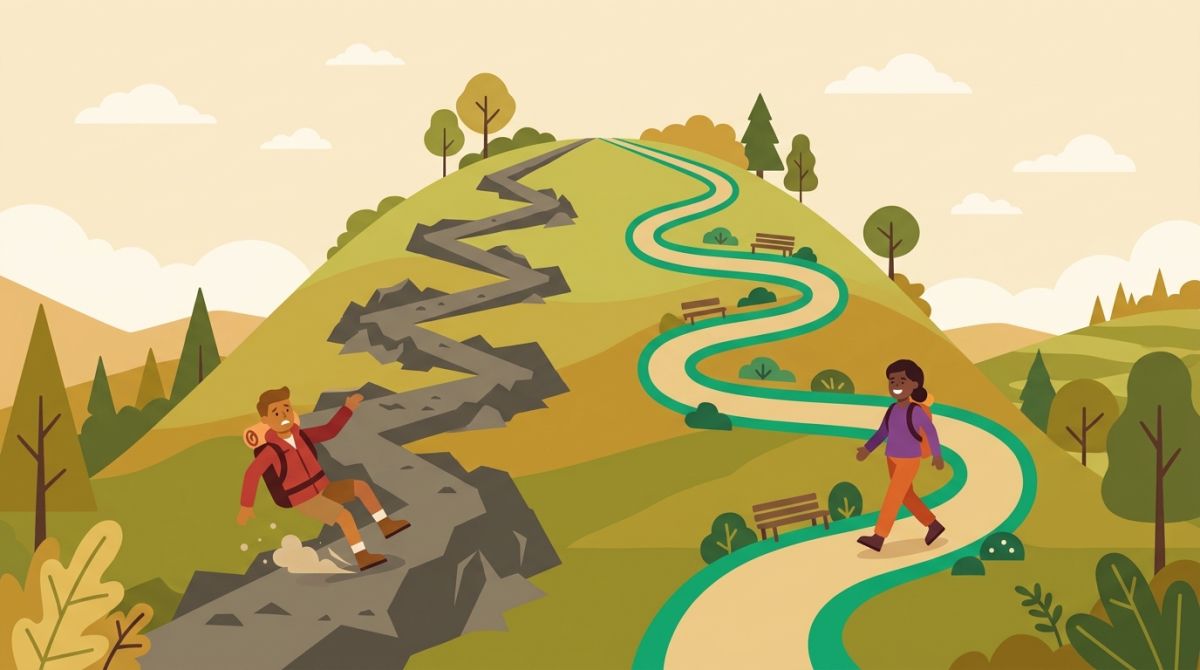 Two paths up the same hill: a steep jagged one where a climber slides back down, and a gentle winding trail where a walker keeps climbing