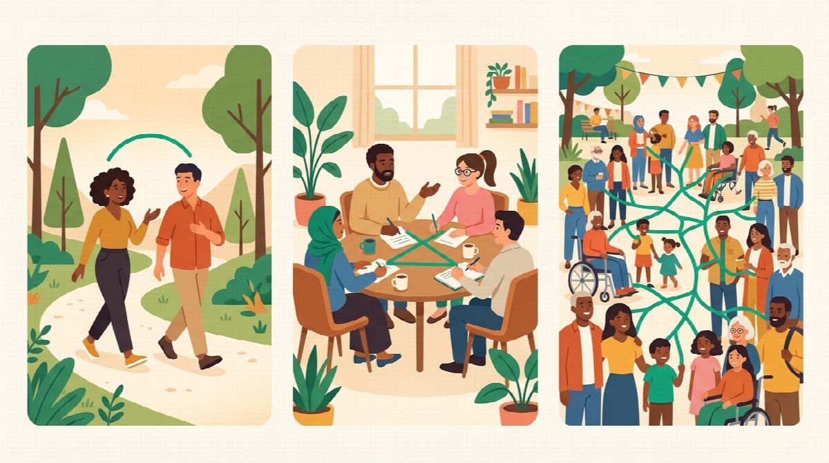 Illustration of different accountability formats: a pair, a small group, and a community