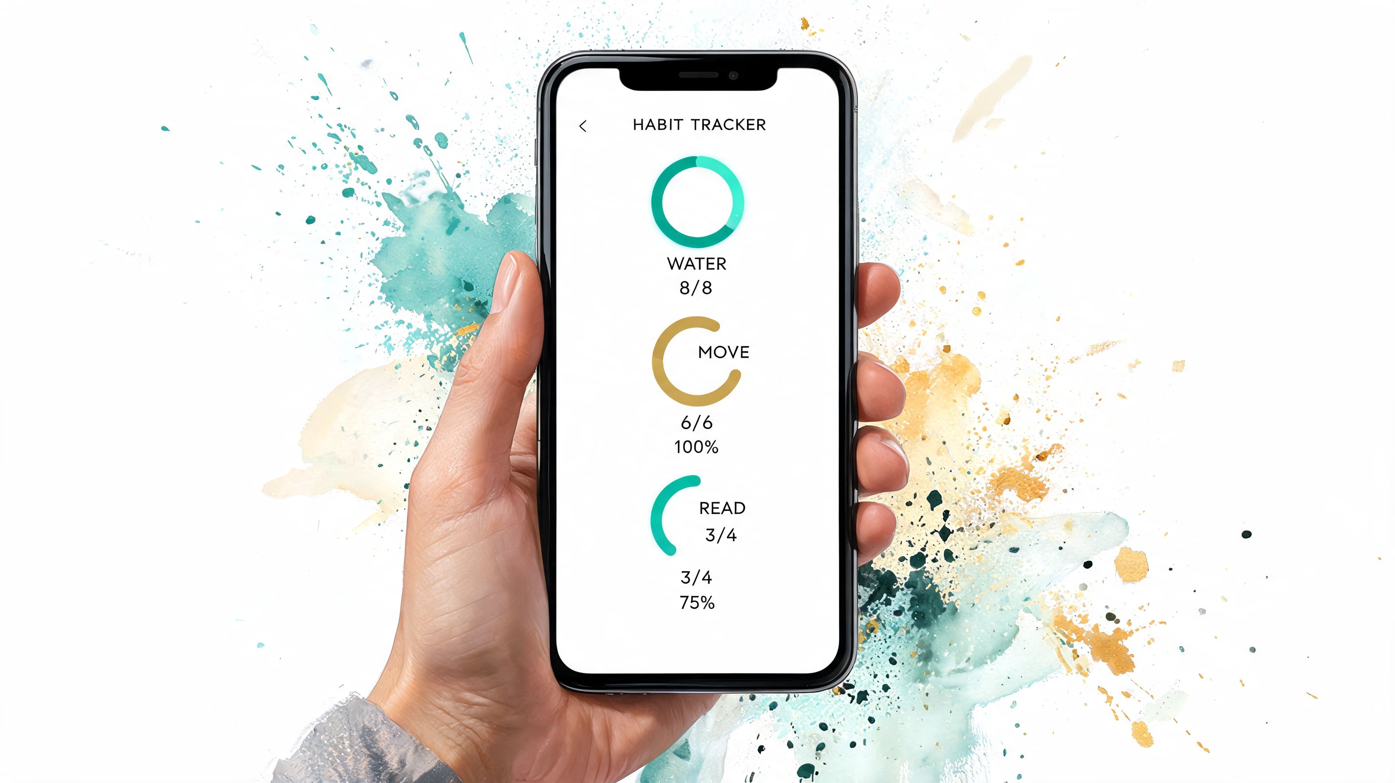 A hand holding a smartphone displaying a minimalist habit tracker app with circular progress bars for daily goals.