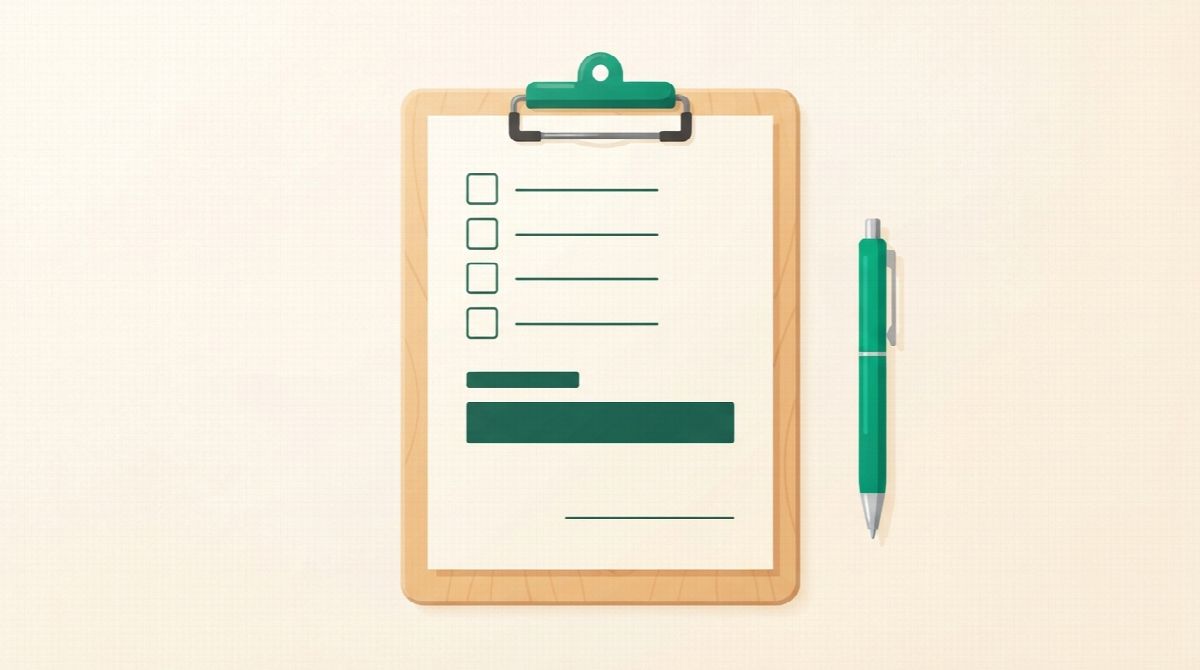 Clipboard holding a one-page habit contract with a short checklist, two bars for the floor and the ceiling, and a signature line