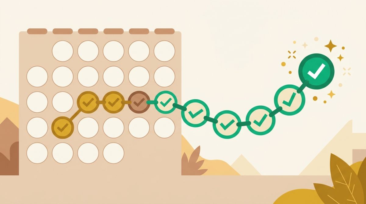Illustration of a chain of daily checkmarks growing across a calendar month, with small celebration marks around each new link