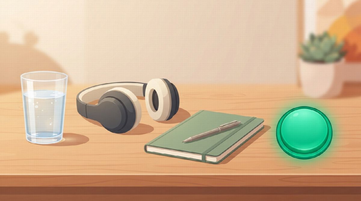 Illustration of a simple pre-stream ritual laid out on a tidy desk: a glass of water, headphones, a closed notebook with a pen, and a glowing green go-live button