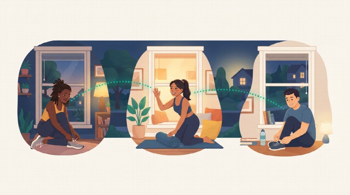 Three friends in different homes lacing shoes or unrolling yoga mats at the same evening hour, connected by dotted lines between their windows