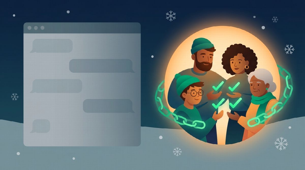 Illustration of a snowy night with a large chat window fading to empty grey bubbles on one side and a small warmly lit circle of four people still posting green checkmarks on the other, joined by a chain of glowing links