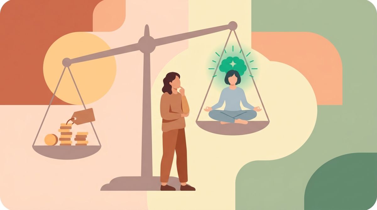 Illustration of a person weighing a subscription price against a calm, clear mind