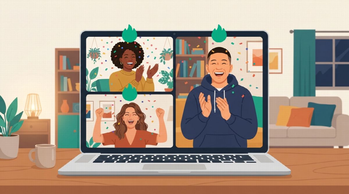 Three friends on a video call cheering and clapping with confetti as one of them logs a checkin