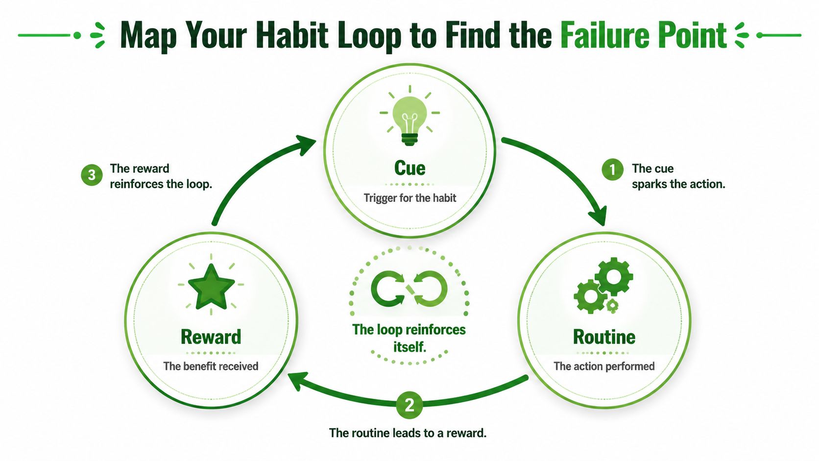 A diagram illustrating the three steps of a habit loop: Cue, Routine, and Reward in green circles.
