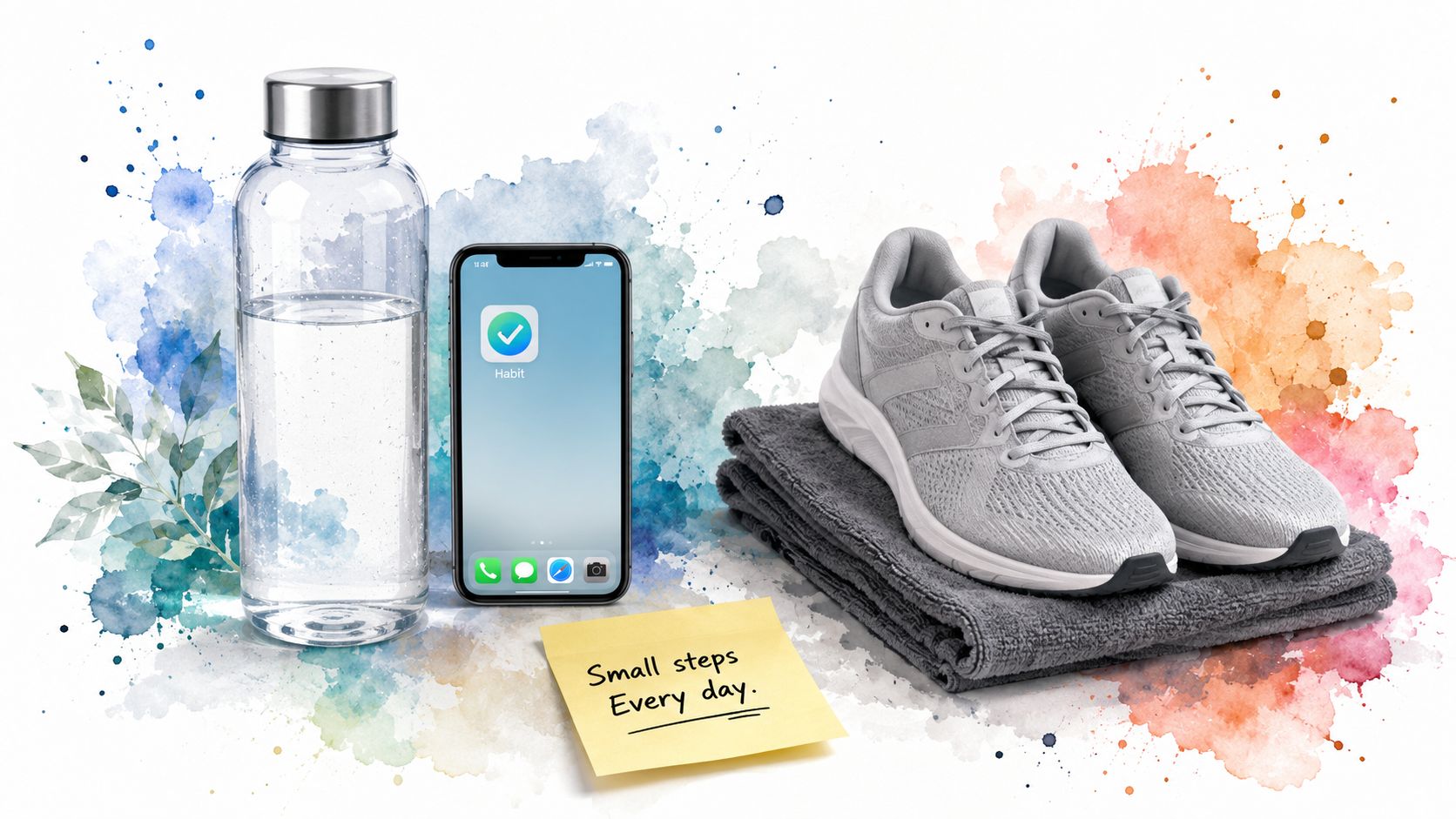 A water bottle, smartphone with a habit app, gym shoes on a towel, and a motivational note.
