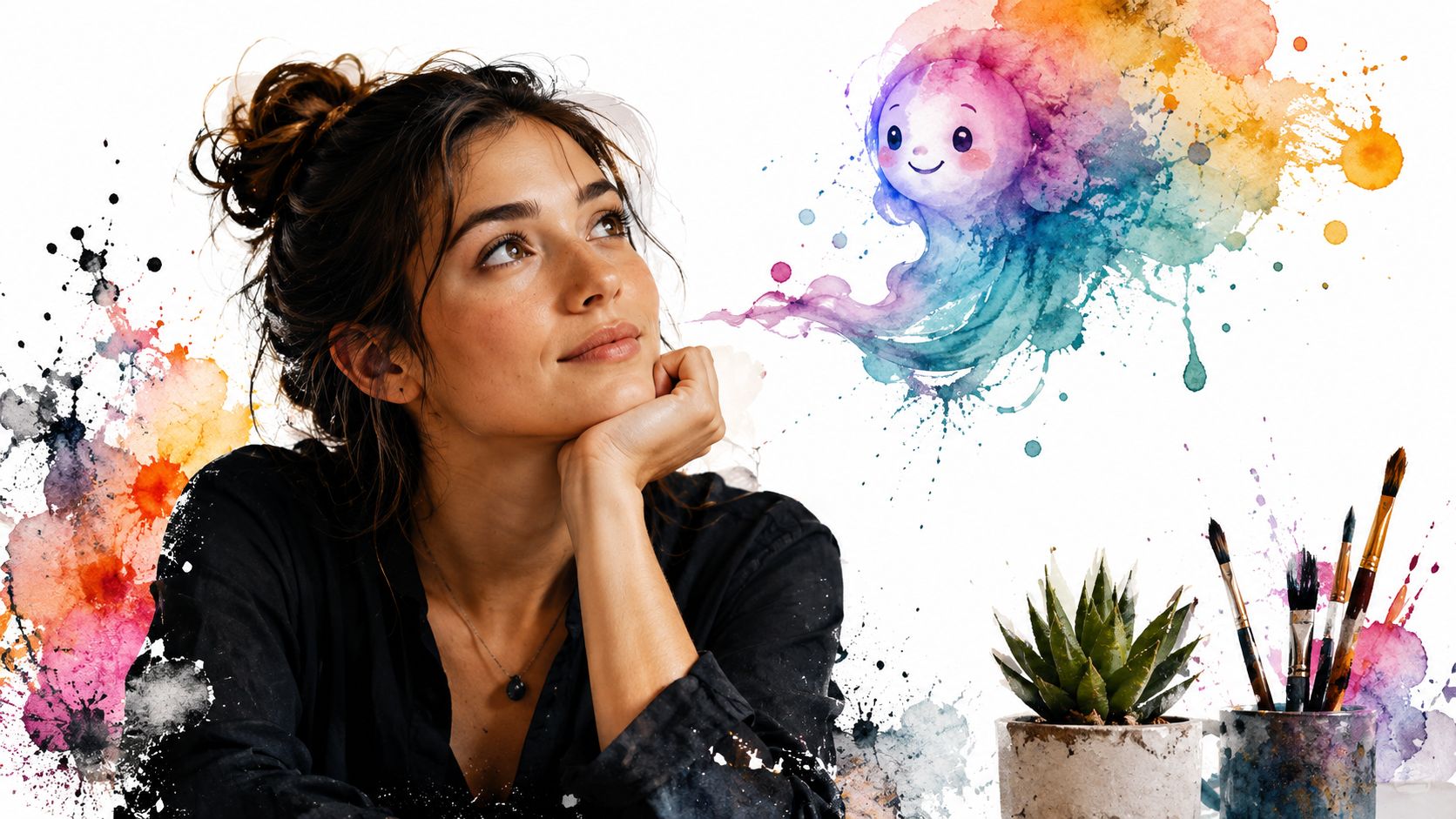 A woman artist deep in thought as a colorful watercolor fantasy creature emerges from her imagination.