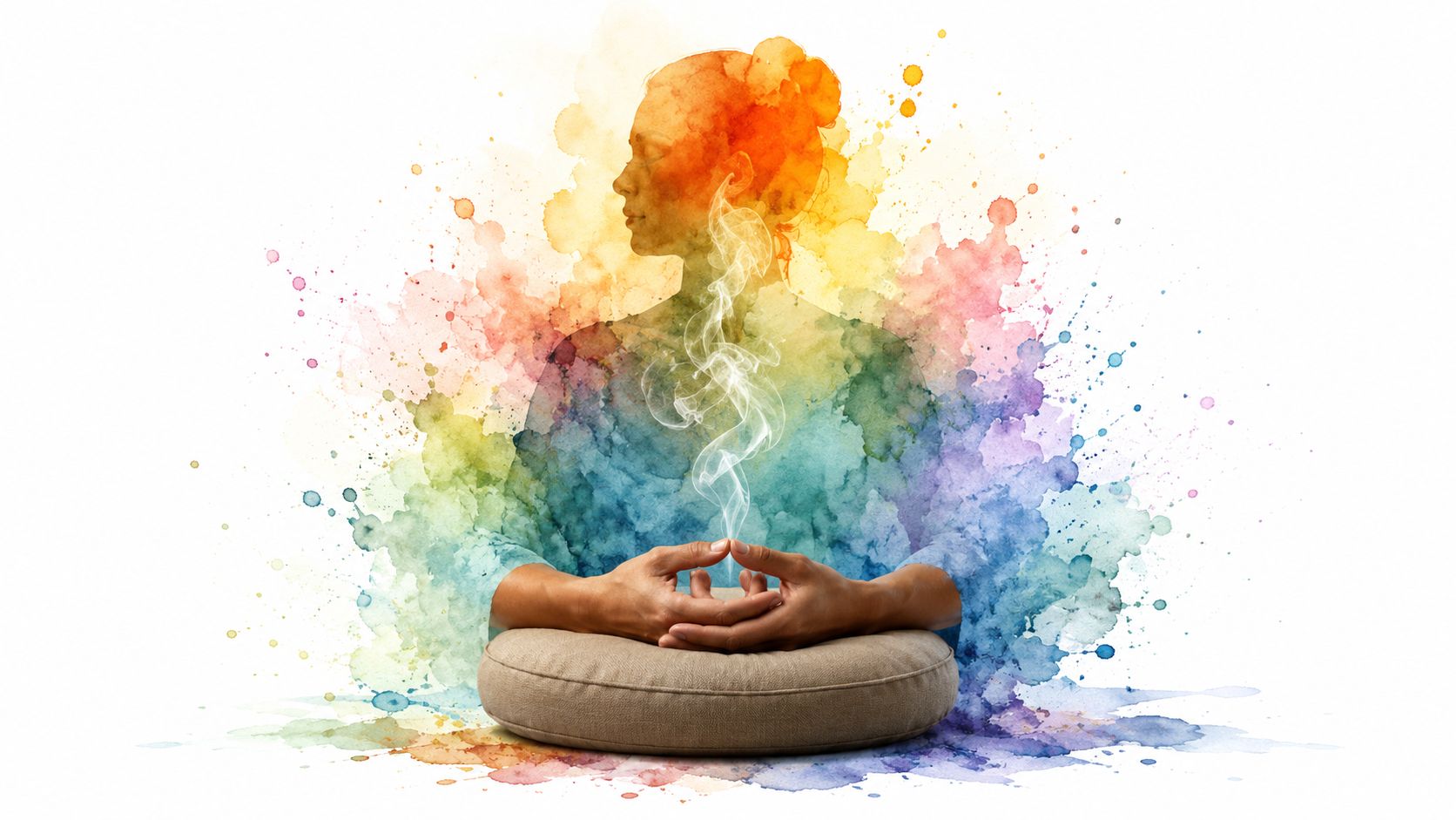 A person meditating on a cushion with vibrant watercolor splashes representing mindfulness and spiritual growth.