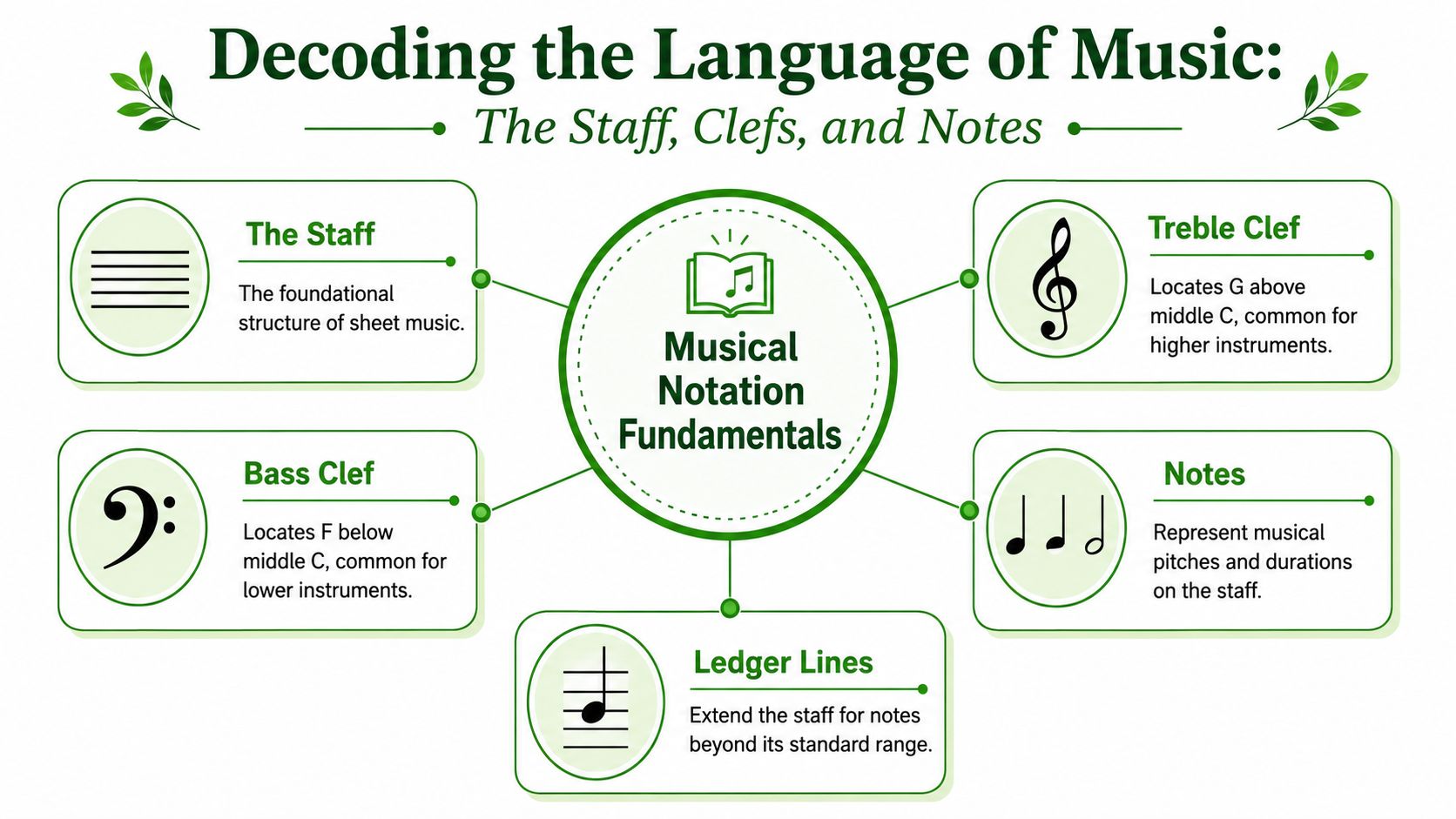 An infographic titled Decoding the Language of Music explaining foundational musical notation concepts like staff, clefs, and notes.