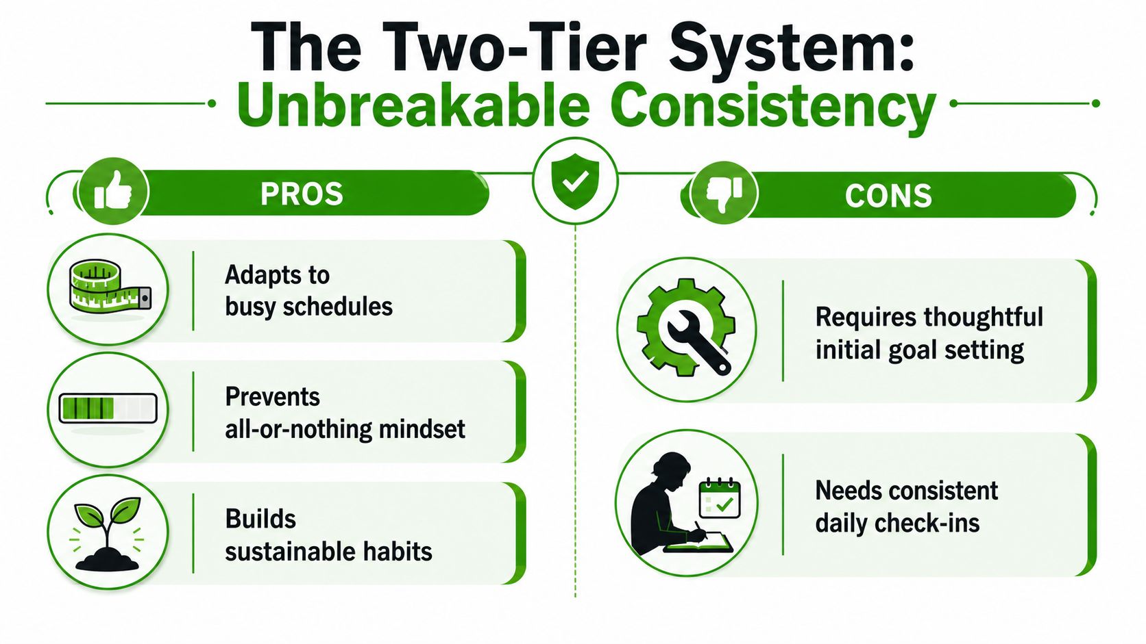 An infographic titled The Two-Tier System comparing the pros and cons of using a flexible goal-setting method.