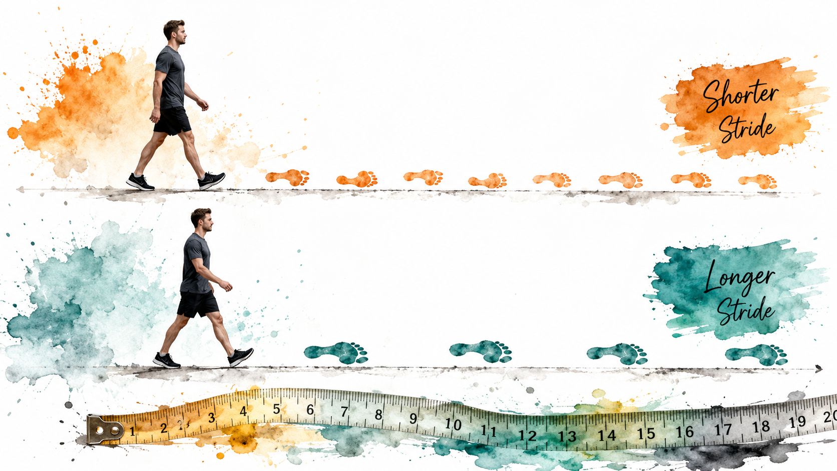 A conceptual diagram showing a man walking with short strides versus long strides alongside a measuring tape.
