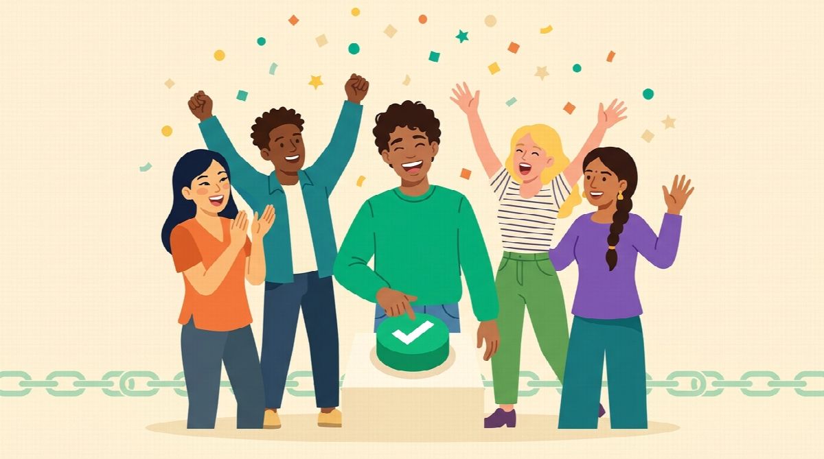 A small group of friends celebrating a daily checkin together