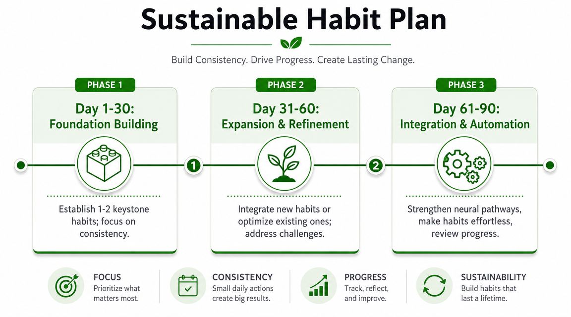 A 90-day Sustainable Habit Plan infographic showing three phases for building and automating long-term positive habits.