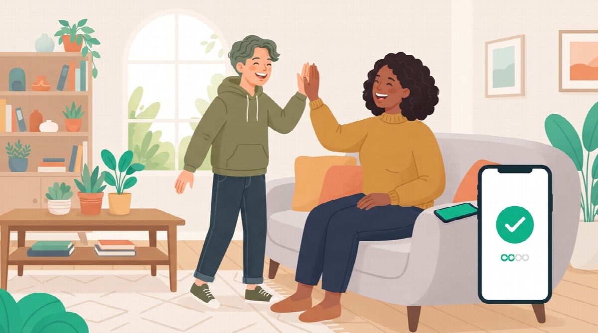 A parent and a teenager high-fiving in a living room with a phone showing a green checkmark on the sofa
