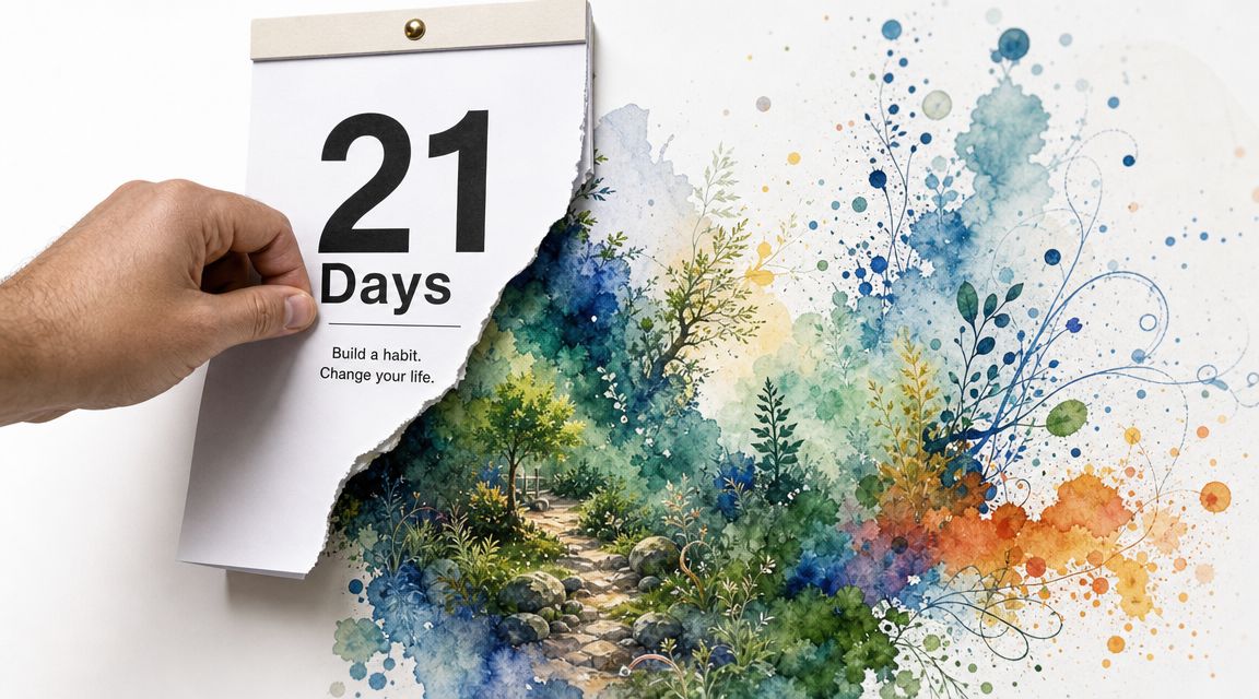 A hand pulling back a calendar page labeled 21 Days to reveal a beautiful watercolor forest scene.