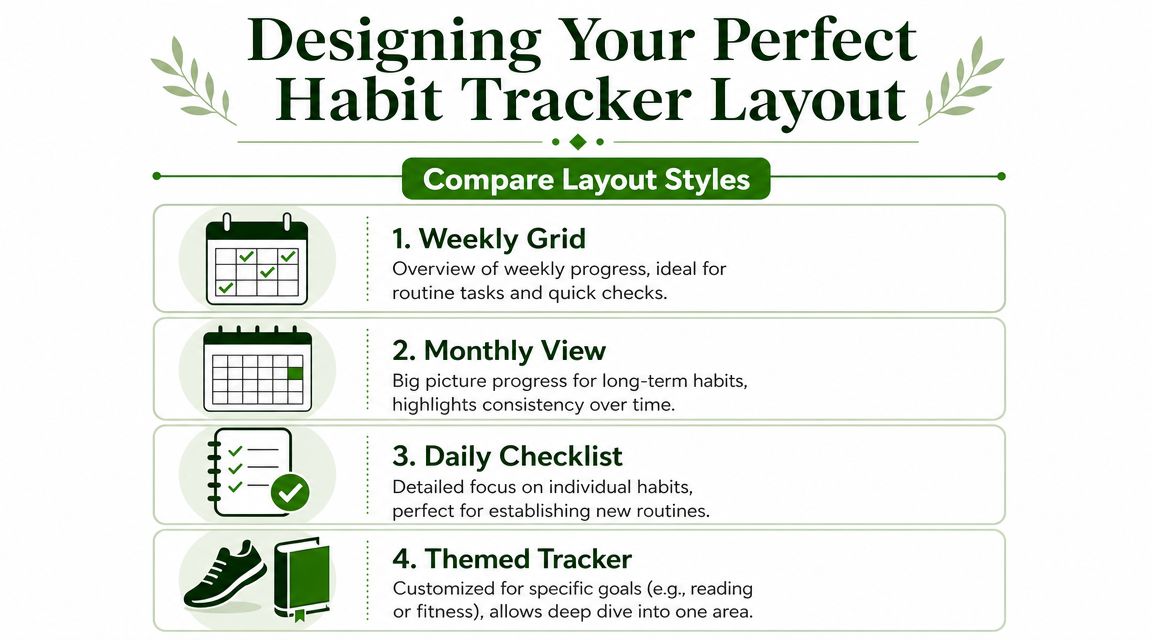 An infographic titled Designing Your Perfect Habit Tracker Layout comparing four different tracker styles with icons.