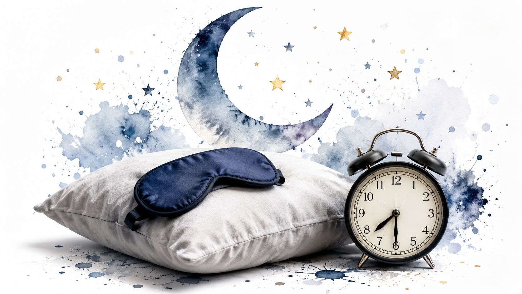 A soft pillow with a blue sleep mask and an alarm clock set to seven thirty.