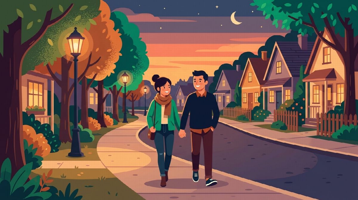 A couple enjoying an evening walk together through their neighborhood