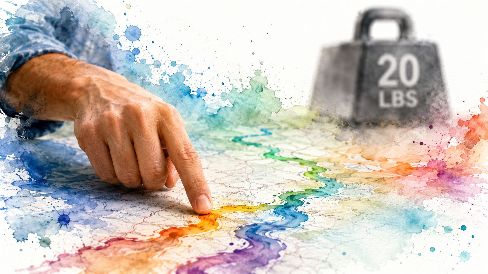 A hand points at a colorful map route near a 20 lb weight, symbolizing planning fitness progress.