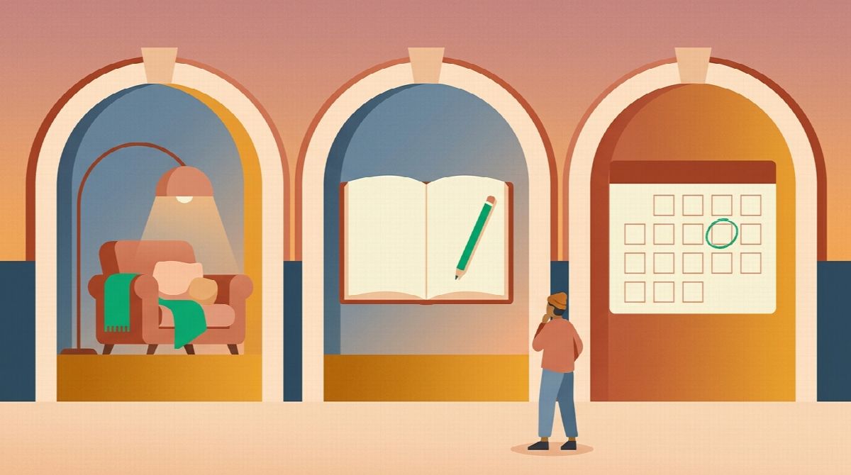 Illustration of three reading paths labeled by symbols: a cozy chair for leisure, a notebook for learning, a calendar for a deadline