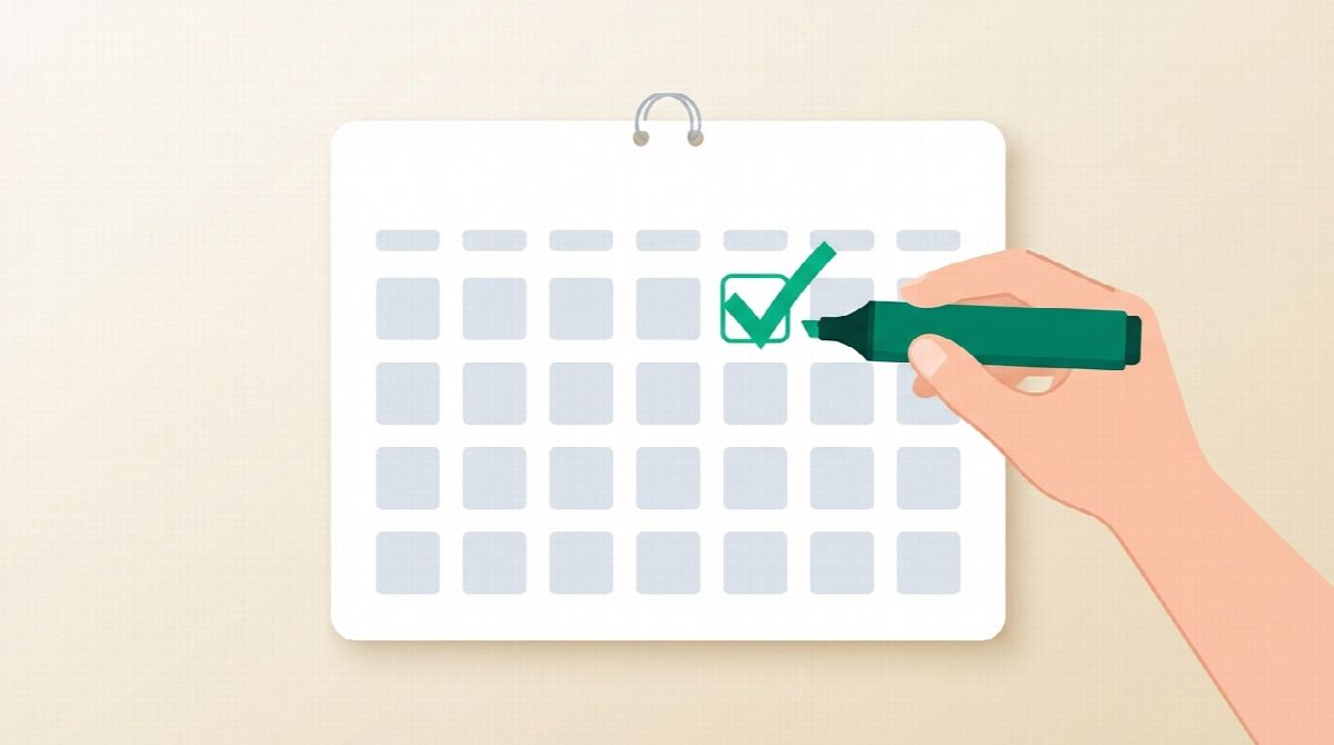A monthly wall calendar with a run of empty squares and one bold green check mark being drawn on today