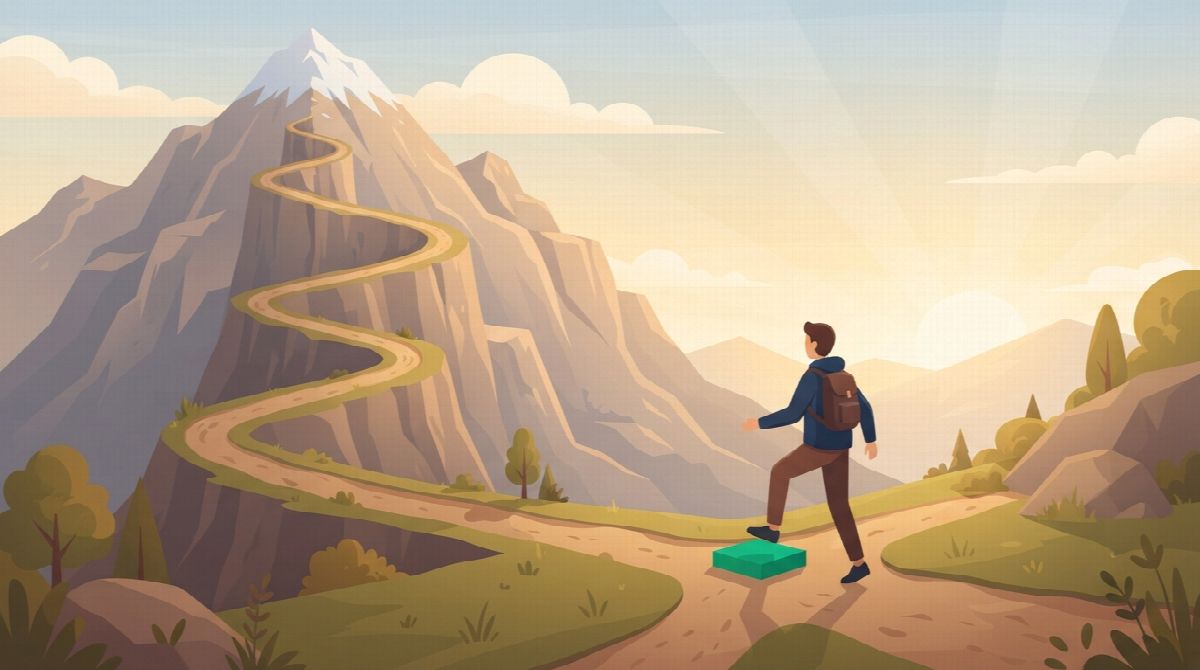 Illustration of a person at a fork choosing to step onto a single small green stepping stone instead of climbing the huge mountain path beside it, with the sun rising