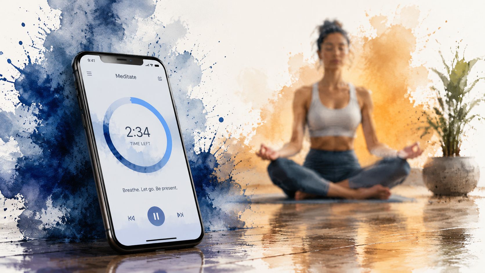 A smartphone displaying a meditation timer app next to a person sitting in a peaceful yoga pose.