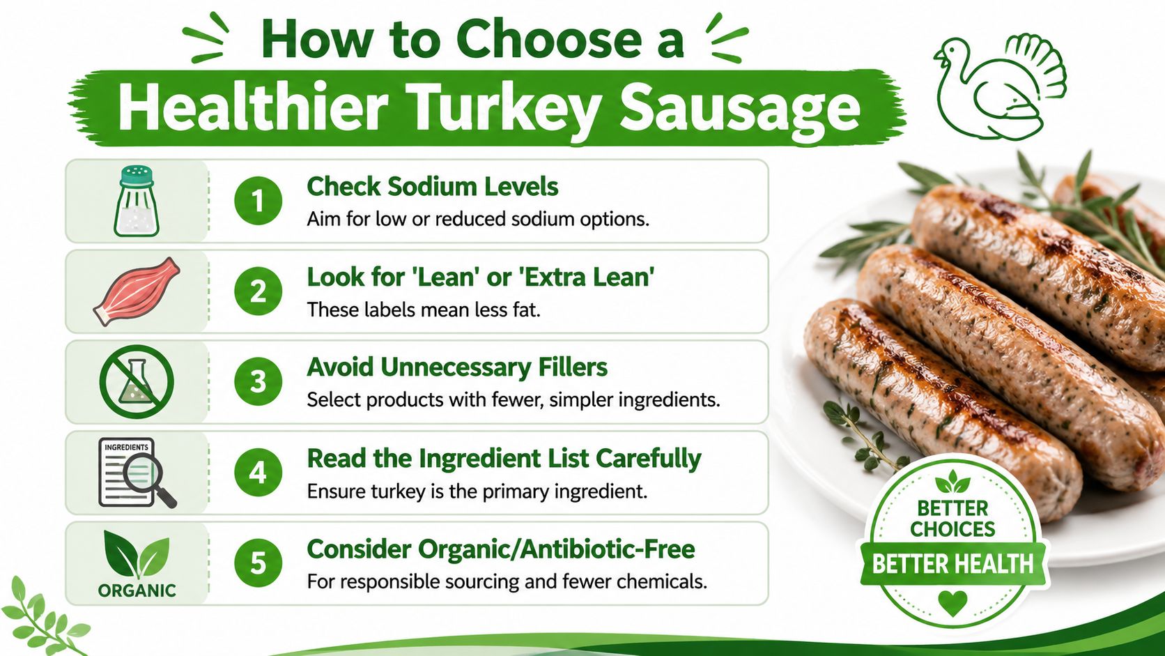 An infographic showing five key tips for choosing a healthier turkey sausage for improved dietary habits.