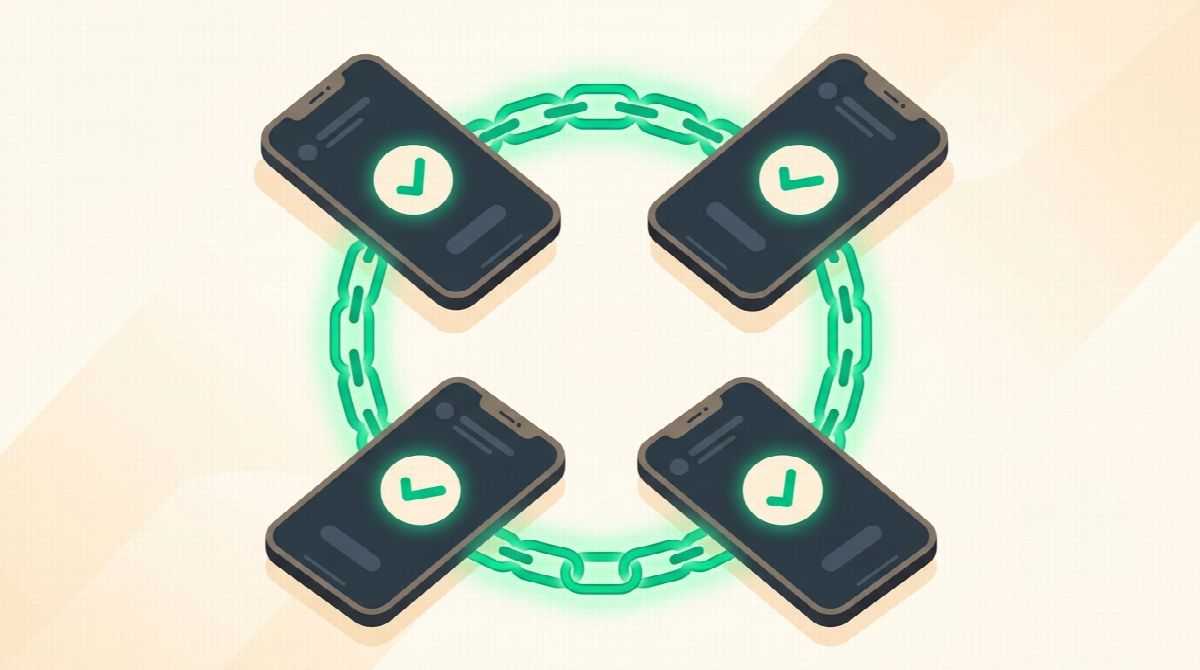 Illustration of four phones in a circle, each showing a checkmark, connected by a glowing chain of links