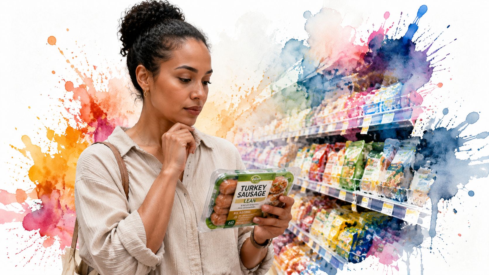 A thoughtful woman in a grocery store reading the nutritional label on a package of turkey sausage.