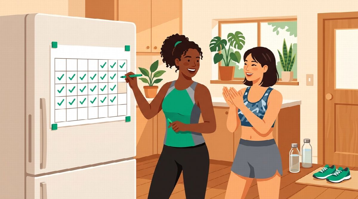 A kitchen fridge with a monthly calendar full of emerald check marks, one friend adding a new check mark while another claps beside her