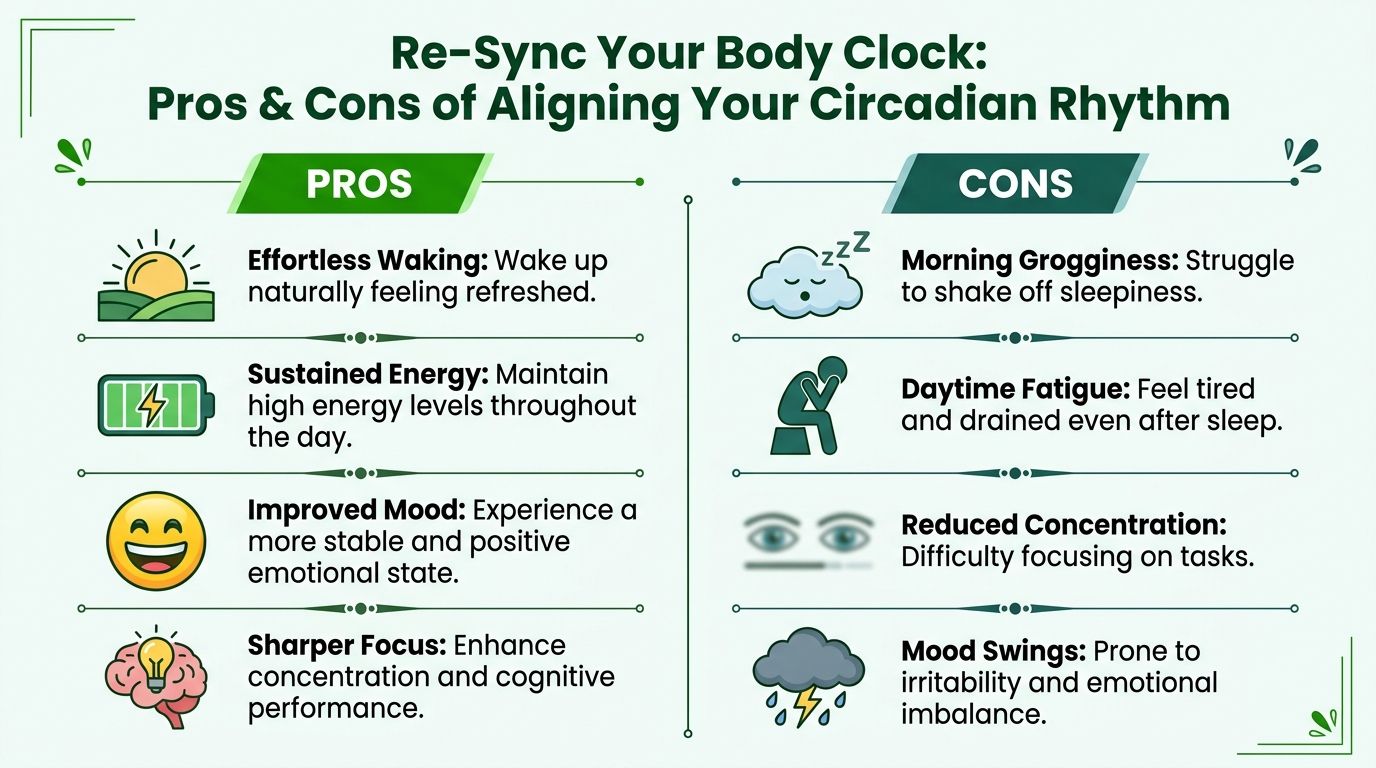 A visual comparison infographic outlining the benefits and drawbacks of aligning your circadian rhythm with sleep patterns.