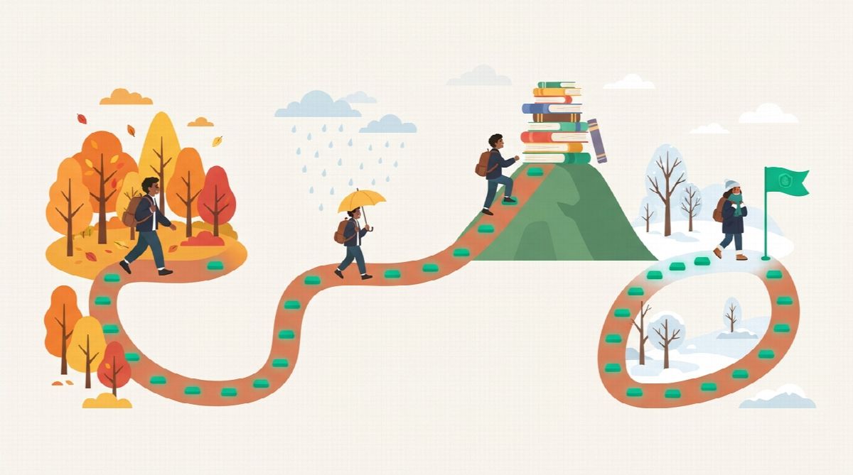A student walking a long path through autumn trees, rain, a hill topped with books and into winter, with small green stepping stones marking each day