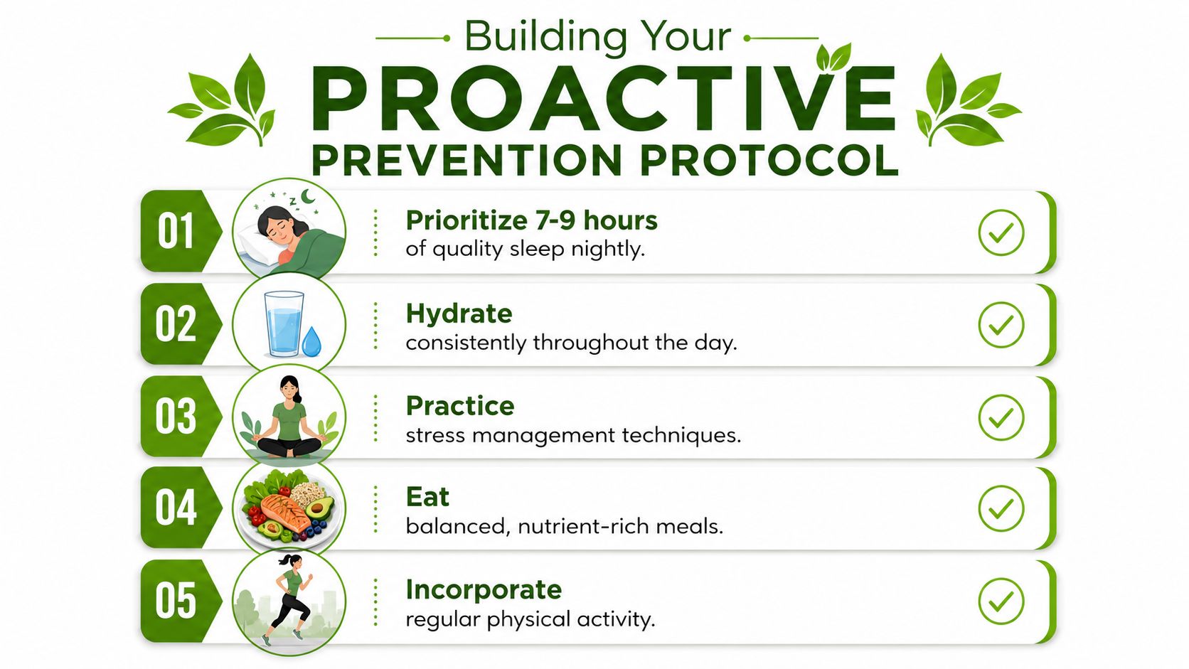 An infographic outlining five essential steps for a healthy proactive prevention protocol to improve daily wellness.